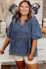 Sail Blue Plus Size Tie V Neck Puff Sleeve Denim Blouse