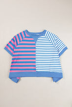 Blue Stripe Contrast Colorblock Oversized T Shirt