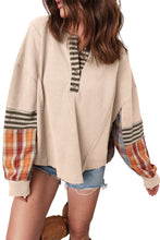 Beige Waffle Stripe Plaid Patchwork Henley Top