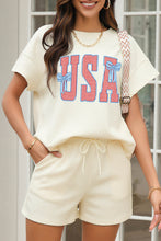 Apricot Patriotic USA Letter Print Textured Short Sleeve Top Drawstring Two Piece Set