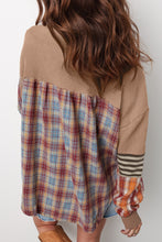 Beige Waffle Stripe Plaid Patchwork Henley Top