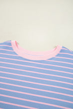 Sky Blue Stripe Oversized Contrast Trim Drop Shoulder Casual Top