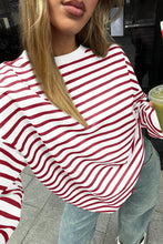 Burgundy Striped Long Sleeve Round Neck Loose Fit Sweatshirt