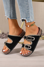 Beige Embroidered Trim Retro Buckle Faux Suede Slippers