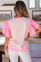 Pink Stripe Ruffled Short Sleeve Patchwork Blouse