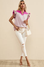 Mist Blue Colorblock Ruffled Sleeve Frill V Neck Blouse