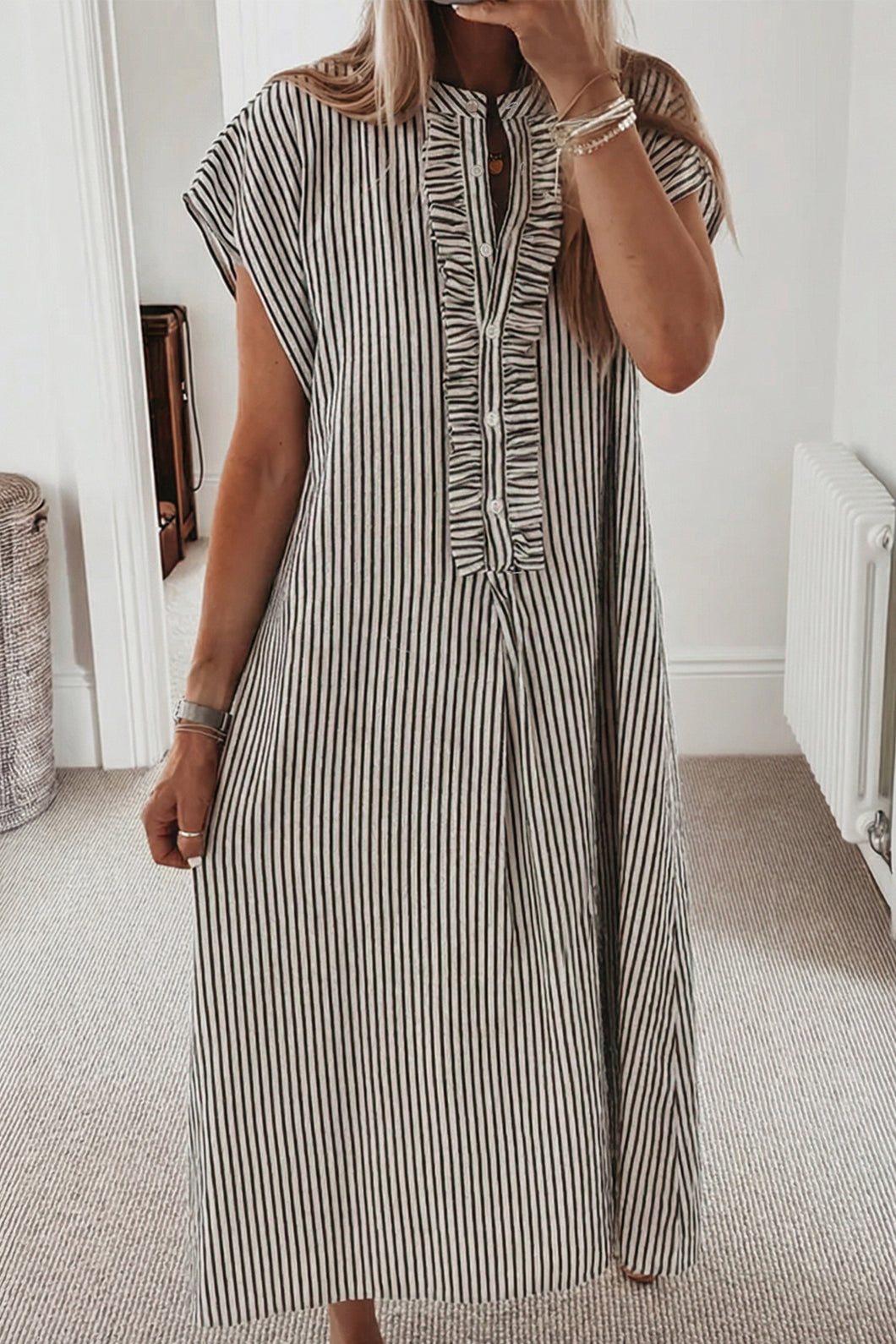 Black Stripe Frilled Detail Half Buttons Short Sleeve Long Dress