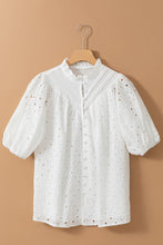 White Flower Hollow-out Short Puff Sleeve Blouse