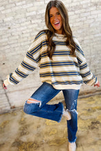 Khaki Striped Crew Neck Drop Shoulder Pullover Sweatshirt