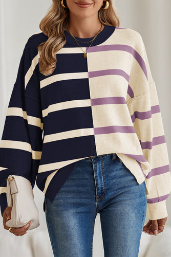 Pink Striped Colorblock Drop Shoulder Sweater