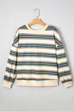 Khaki Striped Crew Neck Drop Shoulder Pullover Sweatshirt