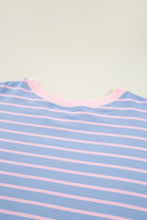 Sky Blue Stripe Oversized Contrast Trim Drop Shoulder Casual Top