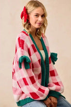 Pink Colorblock Checkered Open Front Knit Cardigan