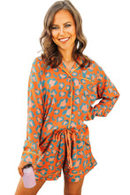 Orange Leopard Print Long Sleeve Shirt and Shorts Pajama Set