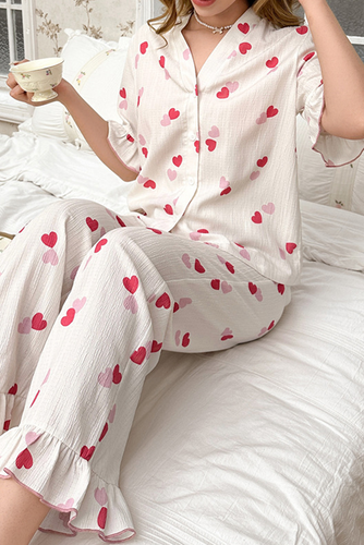 White Heart Print Crinkle Ruffle Hem Pajama Set