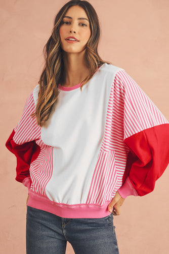 Rose Red Striped Patchwork Side Pocket Loose Sweatshirt
