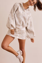 White Abstract Woodland Print Balloon Sleeve Pullover Drawstring Mini Skort Set