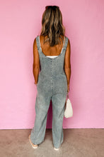 Stone Blue Washed Denim Half Button Pocket Wide Leg Overalls