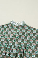 Green Contrast Striped Frilled Collar 3/4 Sleeve Plus Size Floral Dress