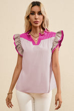 Mist Blue Colorblock Ruffled Sleeve Frill V Neck Blouse