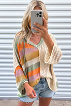 Pink Oversized Colorblock V Neck Hooded Sweater