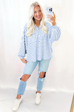 Sky Blue Striped Half Button Collared Chest Pockets Loose Fit Top