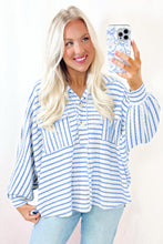 Sky Blue Striped Half Button Collared Chest Pockets Loose Fit Top