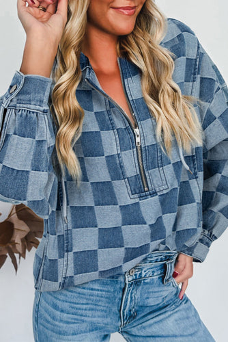 Sky Blue Checkerboard Zipped Collar Kangaroo Pocket Denim Hoodie