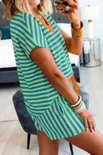 Red Stripe Colorblock Trim V Neck Tee Drawstring Elastic Waist Short Set