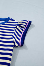 Blue Stripe Contrast Trim Cap Sleeve Top Casual Shorts 2pcs Set