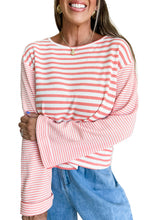 Pink Striped Textured Patchwork Drop Sleeve Top