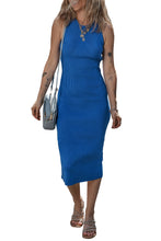 Dark Blue Solid Ribbed Knit Sheath Sleeveless Midi Sweater Dress