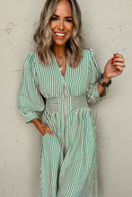 Green Striped V Neck Zip Front Cinched High Waist Midi Dress