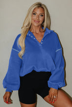 Sky Blue Button-up Collared Exposed Seam Chic Sweatshirt