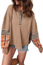 Beige Waffle Stripe Plaid Patchwork Henley Top
