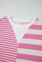 Pink Stripe Waffle Patchwork Short Sleeve High Low Loose T Shirt
