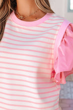 Pink Stripe Ruffled Short Sleeve Patchwork Blouse