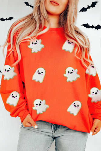Orange Halloween Ghost Cute Patched Pattern Holiday Sweatshirt