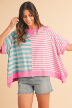 Blue Stripe Contrast Colorblock Oversized T Shirt