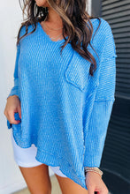 Blue V-Neck Pocketed Ribbed Dolman Top