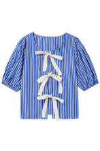Blue Stripe Bow Tie Front Puff Short Sleeve Blouse