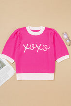 Bright Pink XOXO Embroidered Graphic Valentines Contrast Trim Crew Neck Short Puff Sleeve Sweater Tee