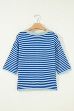 Blue Stripe Loose Half Sleeve Knit Button Down Sweater Cardigan