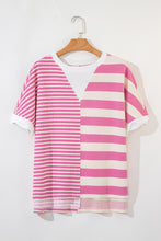 Pink Stripe Waffle Patchwork Short Sleeve High Low Loose T Shirt
