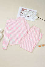 Rose Stripe Drop Shoulder Round Neck Top and Buttoned Straight Pants Two Piece Set