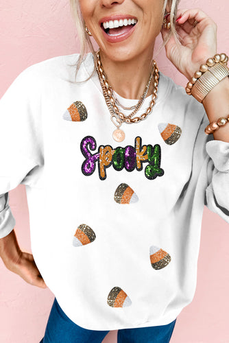 White Sequin Spooky Halloween Spirit Print Casual Sweatshirt
