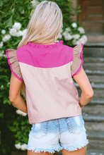 Mist Blue Colorblock Ruffled Sleeve Frill V Neck Blouse