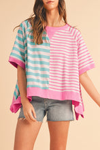 Blue Stripe Contrast Colorblock Oversized T Shirt