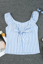 Blue Striped Tie Back Ruffle Trim Sleeveless Shirt