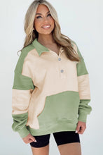 Laurel Green Colorblock Patchwork Buttoned Collar Kangaroo Pocket Sweatshirt